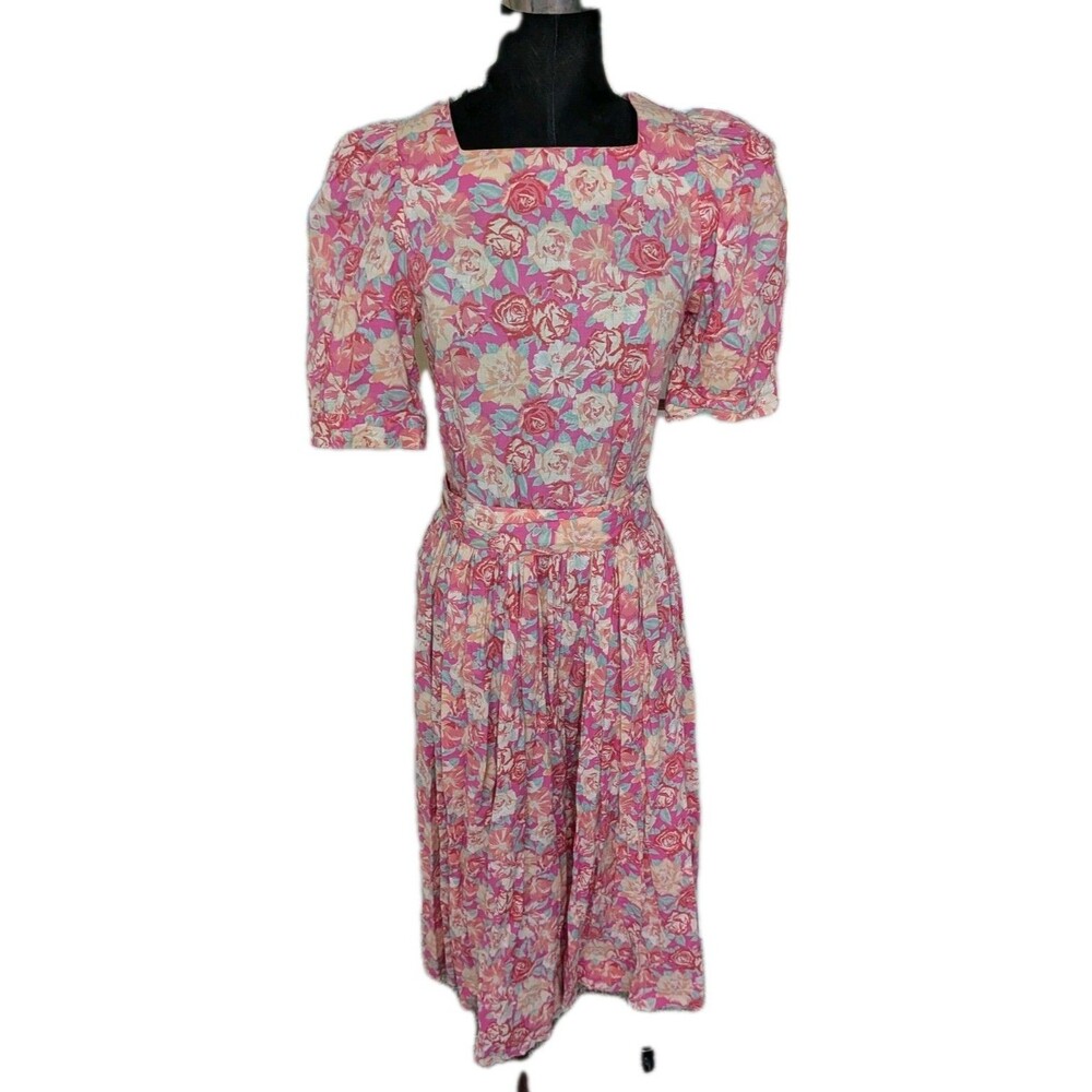EUC Vintage Laura Ashley Pink Floral Dress Puffy Sleeves Belt 100% Cotton US 10